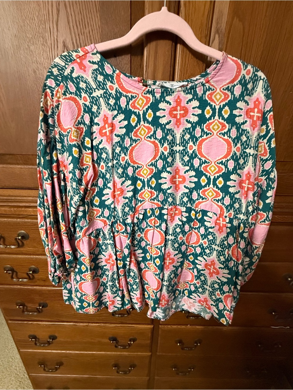Green and Pink Printed Women's Peplum Tunic Top
